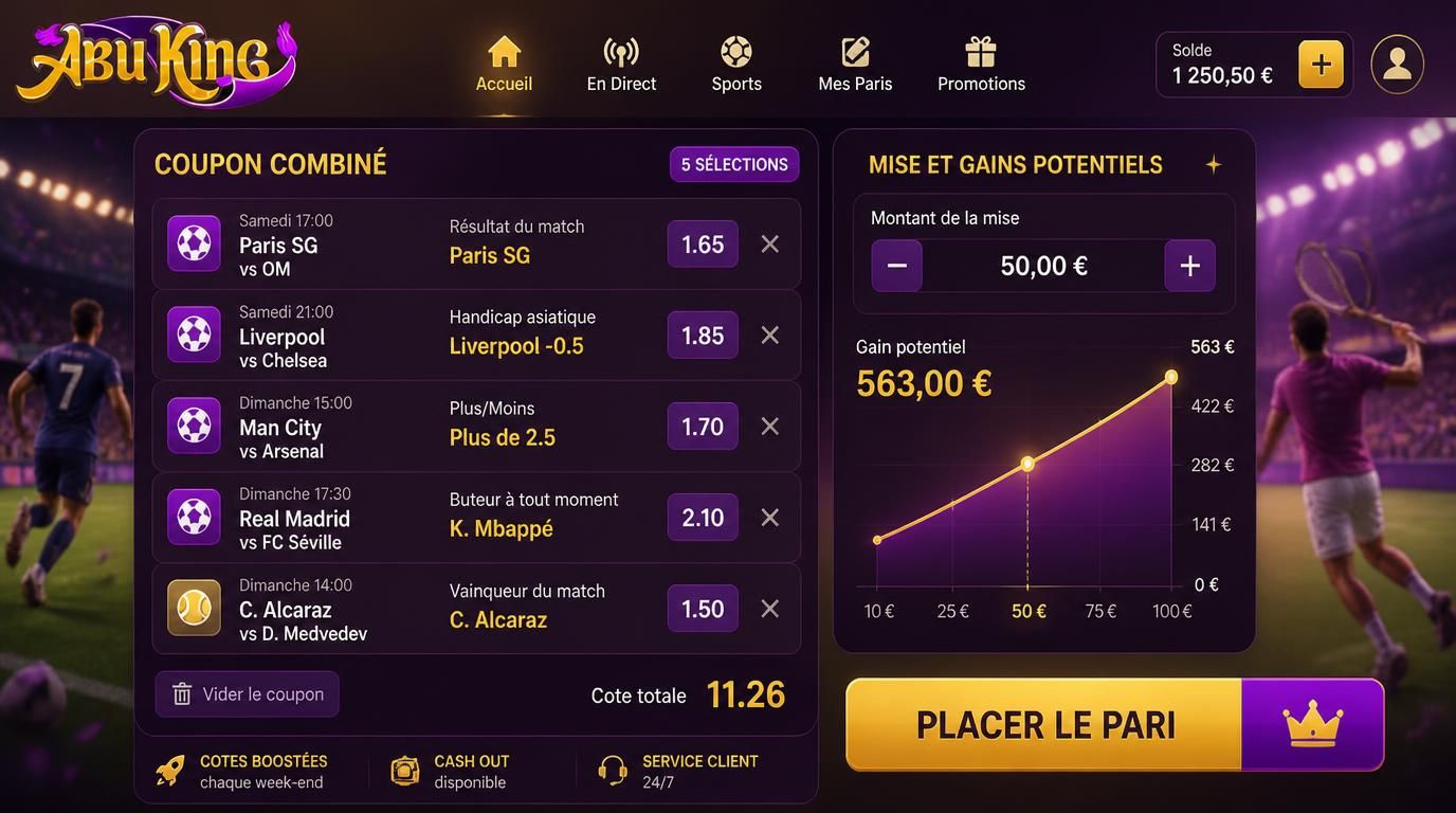 Un coupon combiné avec plusieurs matchs et cotes sur Abuking Casino France.