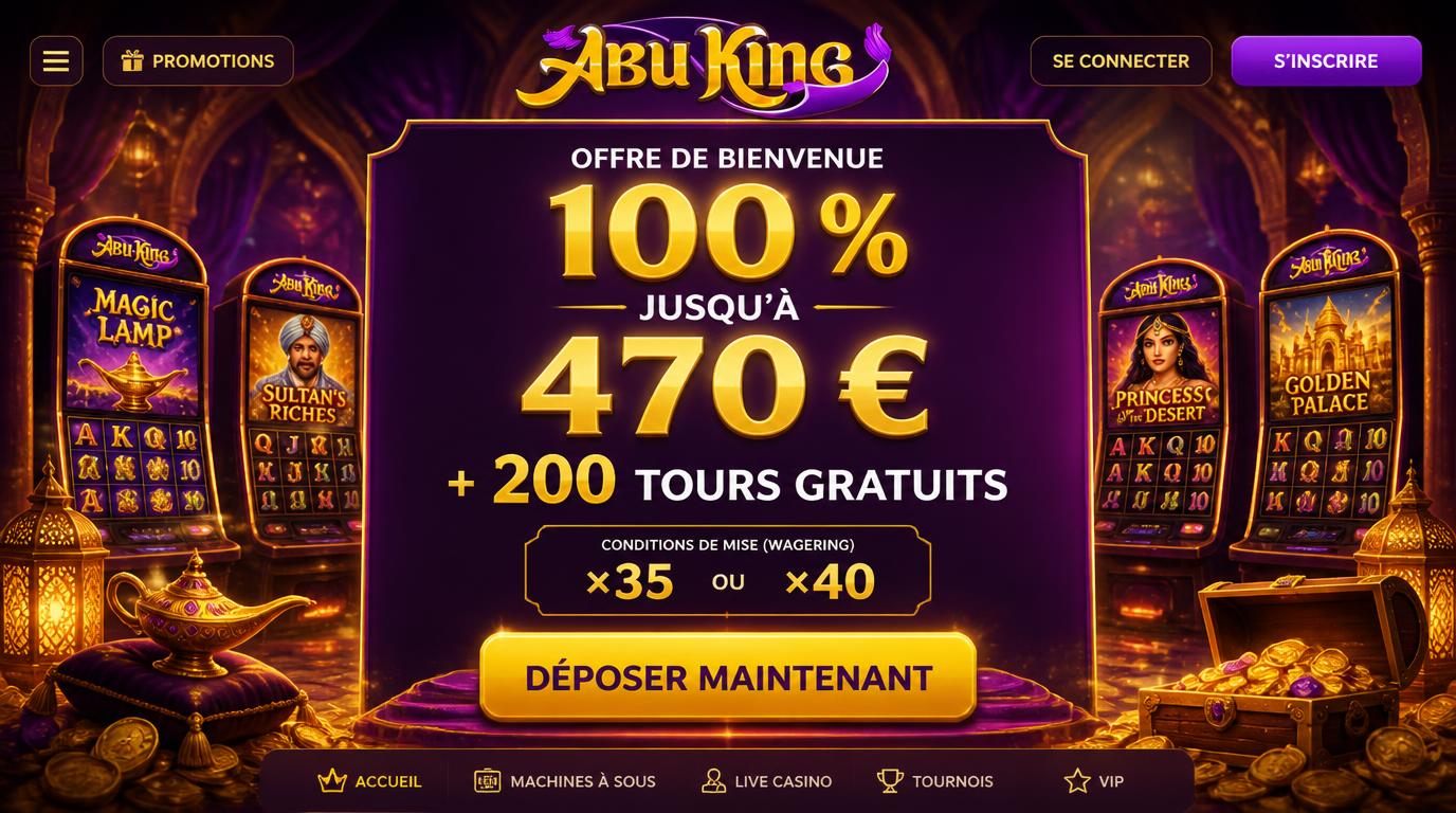 Image montrant une offre de bienvenue généreuse sur Abuking Casino, avec conditions visibles.