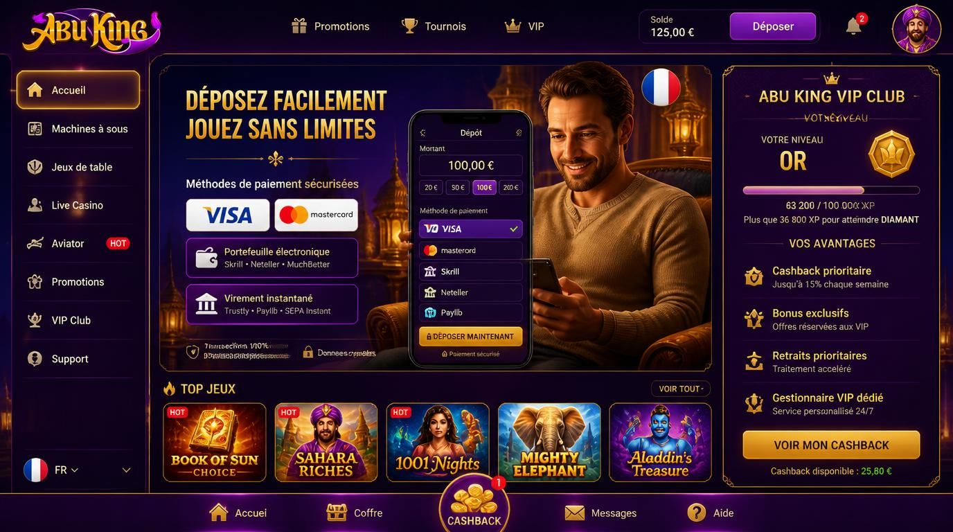 Un joueur français utilise Visa sur Abuking, VIP et cashback sont mis en avant.