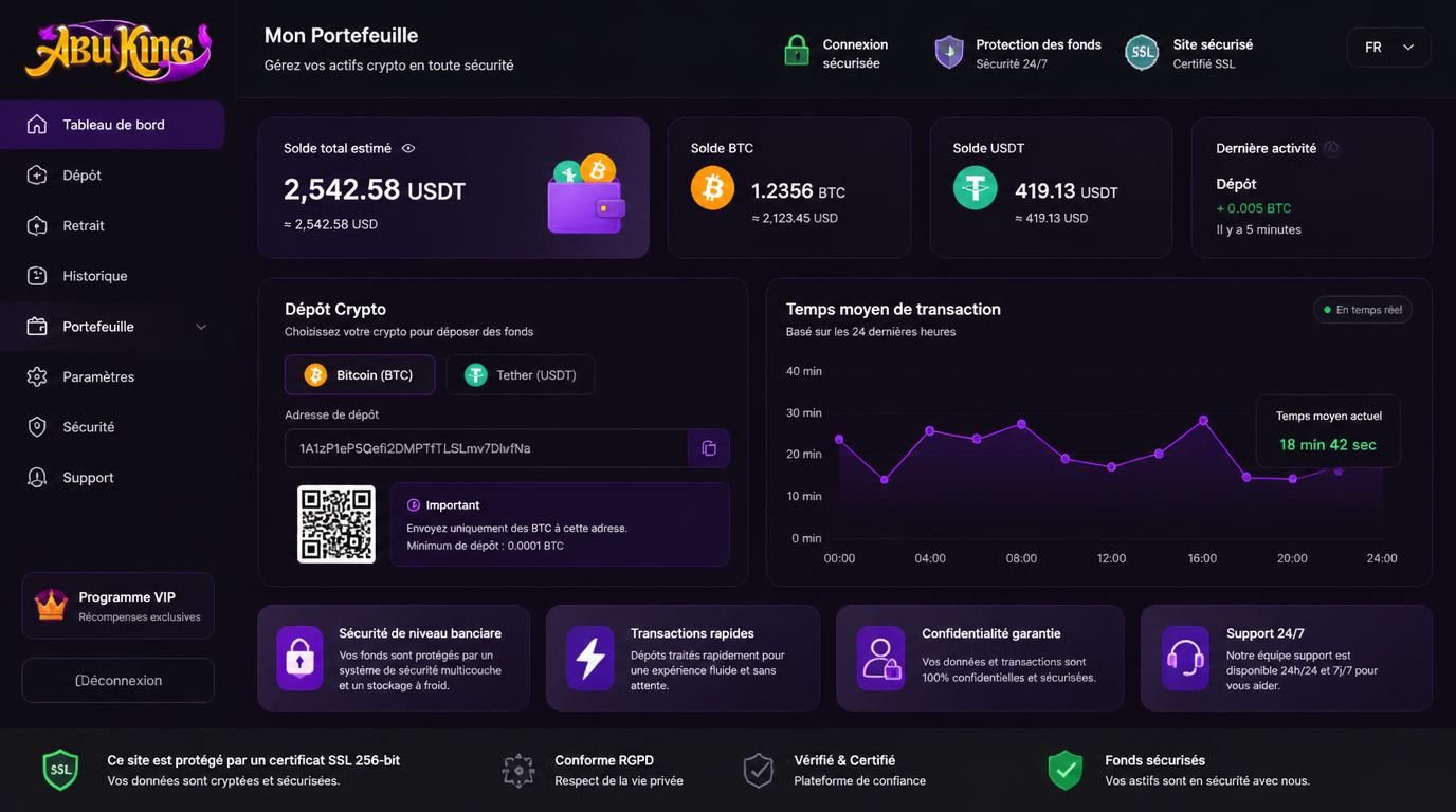 Transaction crypto mise en avant, fiabilité claire.